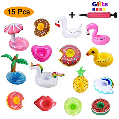 Amaza 15 Piezas Linda & Gran Flotabilidad Posavasos Flotadores Set con 1 Bomba de Aire Libre para Piscina Hot Tub Luau Party