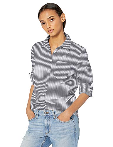 Amazon Essentials – Camisa de popelín de manga larga de corte clásico para mujer, Indigo Stripe, US M (EU M - L)