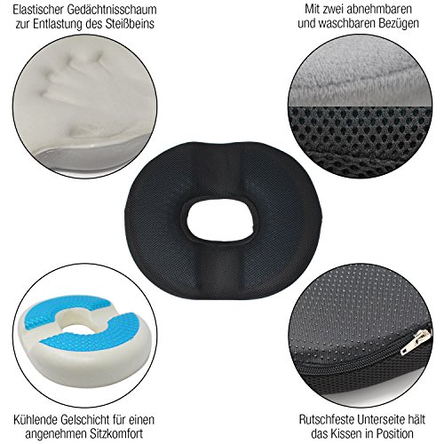 Amazy Cojín ortopédico de Gel (Redondo) – Incli. Funda de Repuesto y Bolsa de Transporte - Alivia hemorroides, Dolor de cóccix o ciática