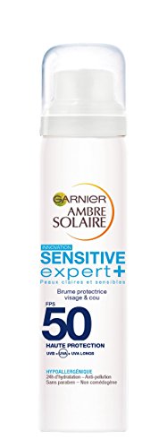 Ámbar solar Sensitive Expert + niebla protectora para rostro y cuello, FPS 50, 75 ml, de Garnier