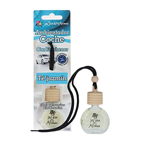 Ambientador Coche a Colgar Aroma, Botella 10 ml de líquido para Coche, tapón de Madera, Fabricado en España (TÉ Jazmin)