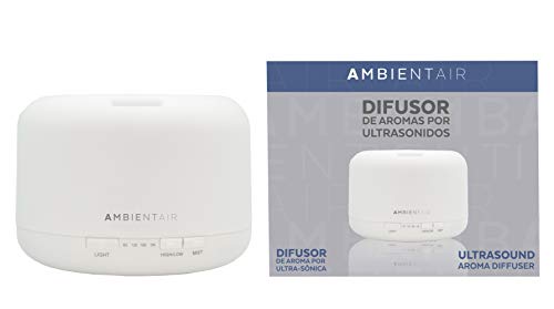 Ambientair. Difusor de Aceite perfumado Redondo. Difusor de Vapor frío Mediante ultrasonidos con Aceite hidrosoluble como Perfume. Difusor Recomendado para los aceites hidrosolubles
