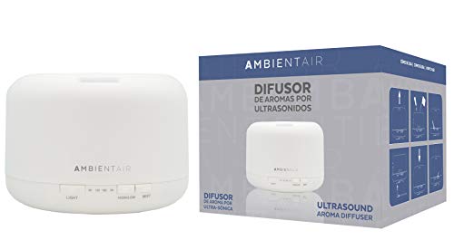 Ambientair. Difusor de Aceite perfumado Redondo. Difusor de Vapor frío Mediante ultrasonidos con Aceite hidrosoluble como Perfume. Difusor Recomendado para los aceites hidrosolubles