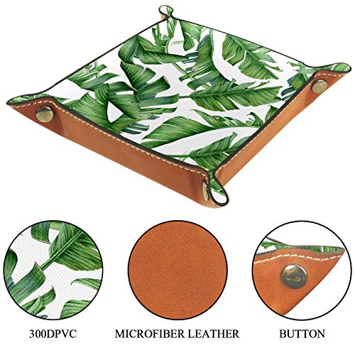 Amili - Bandeja decorativa de piel para joyas, diseño de hojas de palma, para llaves, teléfono, moneda, relojes, etc., color café