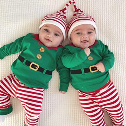 Amlaiworld Ropa de Navidad bebé, Infantil Bebé niños niñas Trajes de Navidad Conjunto Mameluco + Pantalones + Sombrero 3 Mes - 2 Años (Verde, Tamaño:18-24Mes)