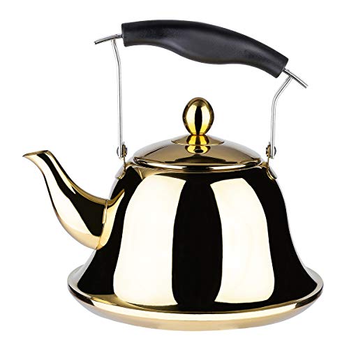AMOMGard - Hervidor de gas para inducción, tetera de acero inoxidable con filtro extraíble para té y café, 2 L, color dorado