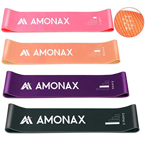 Amonax Bandas Elasticas Fitness, Cintas Elasticas Fitness Látex Natural con 4 Niveles Ejercicios en Piernas, Glúteos y Brazos, 4 Bandas Resistencia para Yoga, Pilates, Crossfit, Estiramientos, Fuerza