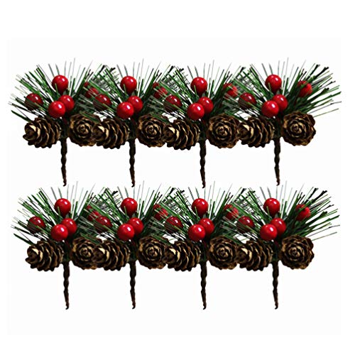 Amosfun 10 Piezas Rama de Pino Artificial con Piña de Navidad Bayas Rojas Adorno de Árbol de Navidad Decoración de Mesa de Navidad