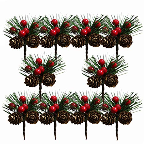 Amosfun 10 Piezas Rama de Pino Artificial con Piña de Navidad Bayas Rojas Adorno de Árbol de Navidad Decoración de Mesa de Navidad