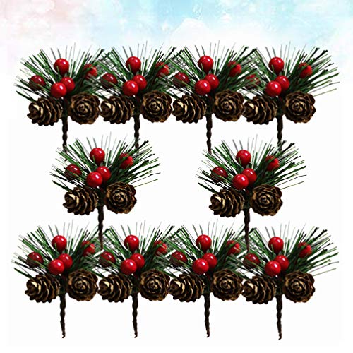 Amosfun 10 Piezas Rama de Pino Artificial con Piña de Navidad Bayas Rojas Adorno de Árbol de Navidad Decoración de Mesa de Navidad