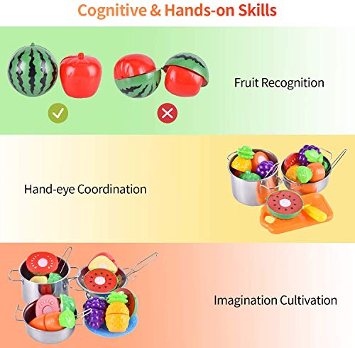 AMOYEE Juguetes de Cocina para niños, 25 Piezas Juguetes de Chef para Niños, Utensilios de Cocina de Acero Inoxidable, Manga, Vegetales para Cortar, Apto para niños Mayores de 3 años