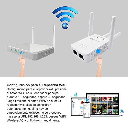 Amplificadores Señal de WiFi 300Mbps y 1200Mbps, Repetidor Wifi Extensor Enrutador Inalámbrico Punto Acceso con 4 Antenas Externas en Largo Alcance (4 Modos, 2,4G y 5G, 4 Antenas, Puerto LAN/WAN, WPS)