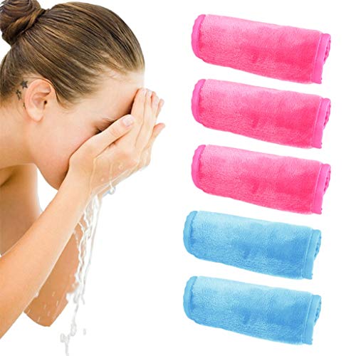 Amycute 5 Toallas de Cara, Toallas Desmaquillantes de Microfibra Reutilizables,Toallitas de Baño para Limpieza Facial,Rosa rojo+azul claro(40 * 17CM)