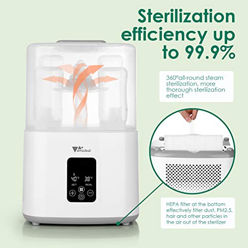 Amzdeal 4 en 1 Esterilizador de Biberones - Esterilizador a Vapor Eléctrico Hasta 6 Biberones, Filtro HEPA & Libre de BPA, Calentador y Secadora para Chupetes, Apagado Automático, Pantalla LED Táctil