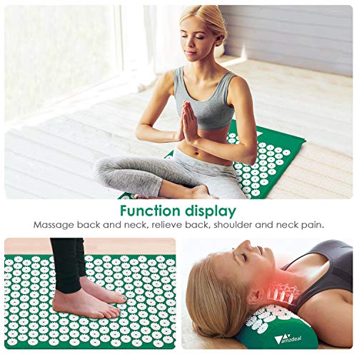 Amzdeal Esterilla Acupresion Kit con Almohda y Bolsa para Acupuntura y Moxibustión Yoga(color verde)