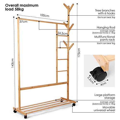 amzdeal Perchero de bambú con diseño de Perchero Lateral con Compartimento para Pantalones y Estante Inferior con 6 Ganchos para Chaquetas Vestidos Paraguas, Color bambú Natural