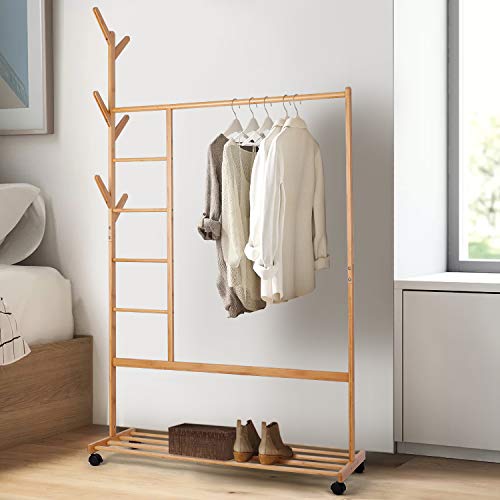 amzdeal Perchero de bambú con diseño de Perchero Lateral con Compartimento para Pantalones y Estante Inferior con 6 Ganchos para Chaquetas Vestidos Paraguas, Color bambú Natural