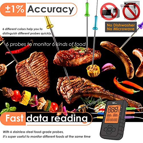 Amzdeal Termómetro de Carne Digital - Termómetro de Barbacoa con 6 Sondas y Bluetooth, Pantalla LCD, Alarma y Temporizador, Lectura Rápida y Precisa, Control APP de IOS y Android, para BBQ Horno Leche