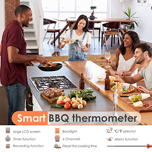 Amzdeal Termómetro de Carne Digital - Termómetro de Barbacoa con 6 Sondas y Bluetooth, Pantalla LCD, Alarma y Temporizador, Lectura Rápida y Precisa, Control APP de IOS y Android, para BBQ Horno Leche