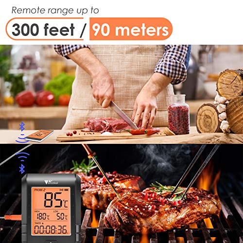 Amzdeal Termómetro de Carne Digital - Termómetro de Barbacoa con 6 Sondas y Bluetooth, Pantalla LCD, Alarma y Temporizador, Lectura Rápida y Precisa, Control APP de IOS y Android, para BBQ Horno Leche
