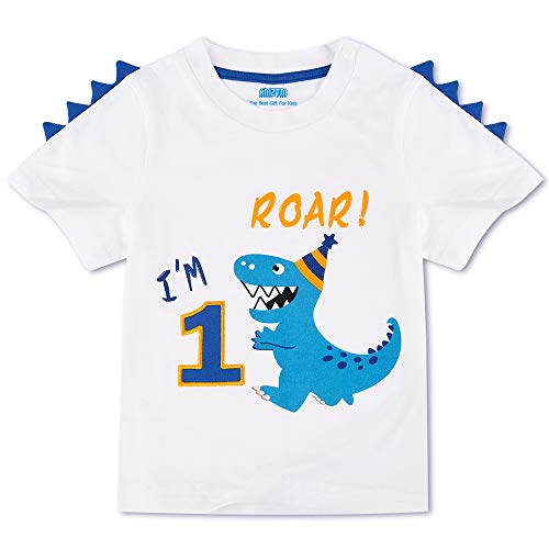 AMZTM Dinosaurio Camiseta de Cumpleaños - 1er Cumpleaños Suministros para la Fiesta Camisetas de Manga Corta para Bebé Niños Estampada Bordado con Cuello Redondo de 100% Algodón Camiseta (Blanca, 80)