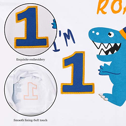 AMZTM Dinosaurio Camiseta de Cumpleaños - 1er Cumpleaños Suministros para la Fiesta Camisetas de Manga Corta para Bebé Niños Estampada Bordado con Cuello Redondo de 100% Algodón Camiseta (Blanca, 80)