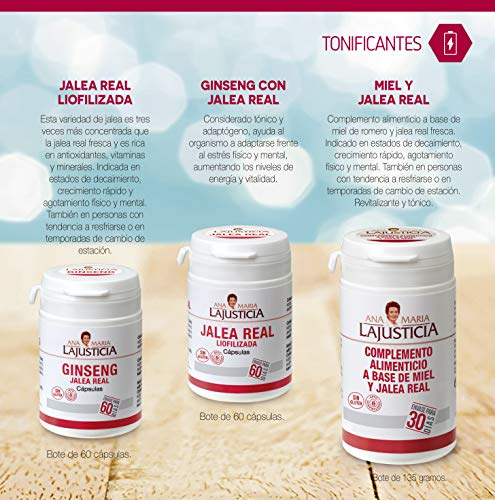 Ana Maria Lajusticia - Jalea real liofilizada – 60 cápsulas. Reduce el cansancio y la fatiga, refuerza el sistema inmunitario. Envase para 60 días de tratamiento.