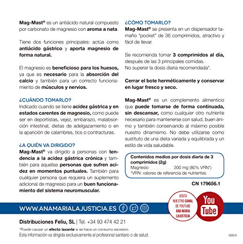 Ana Maria Lajusticia - Magnesio masticable – 36 comprimidos. Reduce la acidez estomacal de forma natural. Apto para veganos. Envase para 18 días de tratamiento