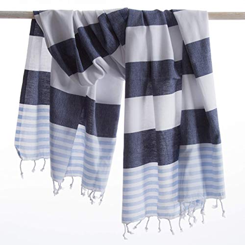 ANATURES Toallas De Playa - De Hammam 95x185cm Marina | Prelavado - Oeko-Tex® - Algodón Orgánico Peinado - Toalla De Baño - Fouta para Sauna en Muchos Colores Pareo XXL (Azúl Marino/Azúl Claro)