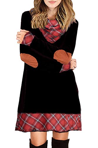 Ancapelion Mini Vestido de Manga Larga para Mujer a Cuadros de Punto de Cuello Alto Suéter de una línea de otoño Vestidos Sueltos de suéter para el otoño de Invierno (Negro, M(EU 36-38))