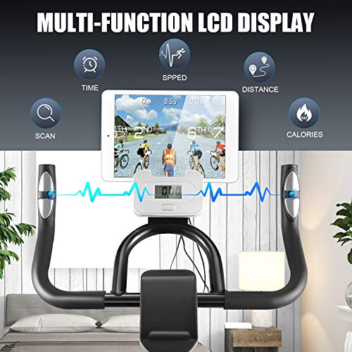Ancheer Bicicleta Estática de Spinning Bicicleta Interior Volante 10kg, Pantalla LCD, Sillín Ajustable, Máximo Usuario130 kg (Plateado)