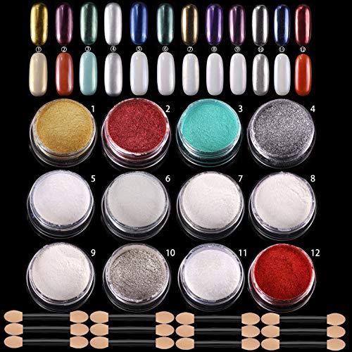ANDERK 12 cajas Shell Polvo de Perlas Espejo Efecto Cromo Uñas de Sirena, polvo Brillo y Decoración de uñas con 12pcs Palillo de la Esponja