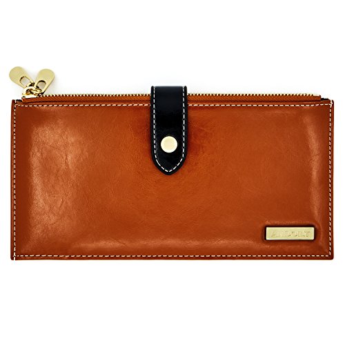ANDOILT - Cartera de piel auténtica para mujer con bloqueo RFID y cierre para tarjetas de crédito - Marrón - Talla única