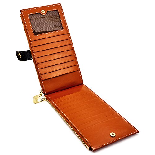ANDOILT - Cartera de piel auténtica para mujer con bloqueo RFID y cierre para tarjetas de crédito - Marrón - Talla única