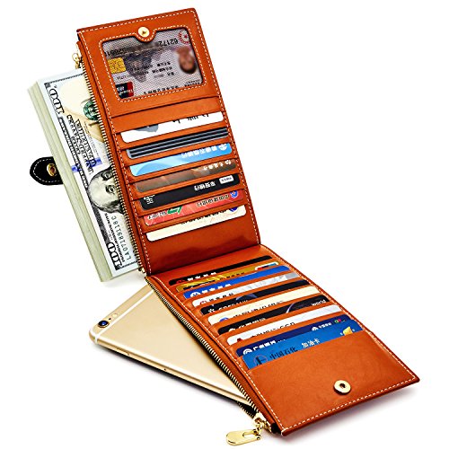 ANDOILT - Cartera de piel auténtica para mujer con bloqueo RFID y cierre para tarjetas de crédito - Marrón - Talla única