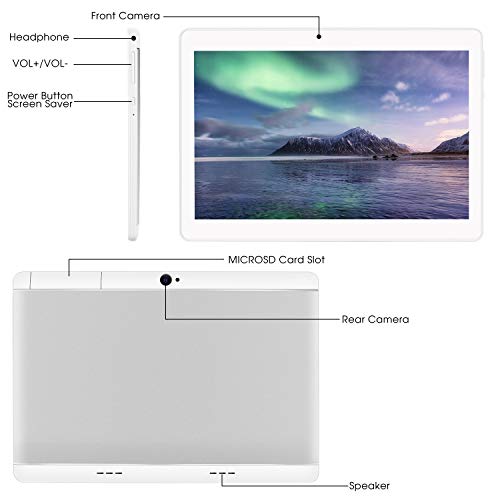 Android Tablet 10 Pulgadas Android 8.1 OS, 3G Unlocked Tablet with Dual SIM Card Slots, FHD IPS Screen, 4GB RAM, 64GB ROM, Quad Core, 2.0 MP Front + 5.0 MP Rear Camera, Bluetooth, GPS (White)
