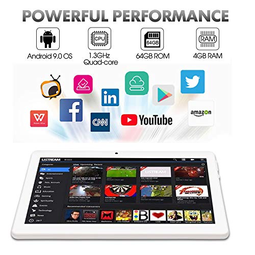 Android Tablet 10 Pulgadas Android 8.1 OS, 3G Unlocked Tablet with Dual SIM Card Slots, FHD IPS Screen, 4GB RAM, 64GB ROM, Quad Core, 2.0 MP Front + 5.0 MP Rear Camera, Bluetooth, GPS (White)