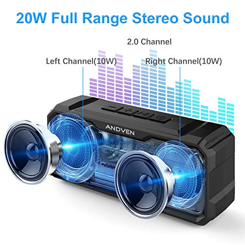 Andven Altavoz Bluetooth portátil, Altavoz estéreo inalámbrico TWS de Graves con Controlador Dual de 20 W, IPX6 Resistente al Agua, 20 Horas de reproducción, Manos Libres, micrófono Incorporado
