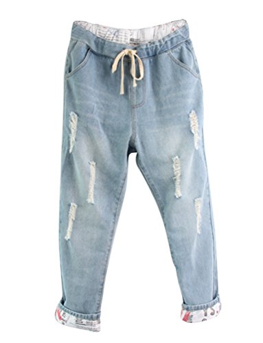 Anguang Mujer Boyfriend Vaqueros Ajuste Suelto Pantalones Jeans Haremjeans con Cordón Ligero Azul XL