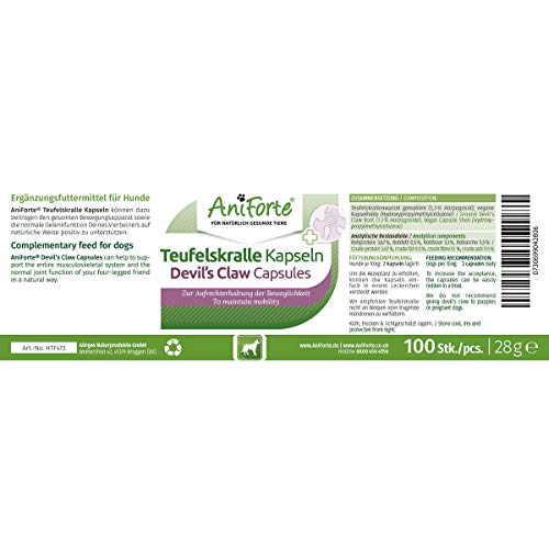 AniForte Cápsulas de garra del diablo para perros 100 piezas - Tabletas para articulaciones, producto 100% natural, polvo para articulaciones, Alta aceptación por los perros