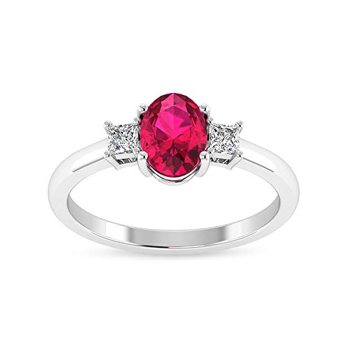 Anillo de compromiso con cristal de rubí natural, certificado IGI Moissanite, anillo de tres piedras, gema Moissanite GH-VS1, 10K Oro blanco, Size:EU 56