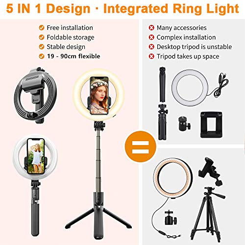 Anillo de Luz LED de 5'', Luz de Anillo Plegable trípode Estable 9 Colores Anillo de luz para movil Control Bluetooth Aros de luz para Selfie Video Maquillaje Youtube TikTok Live Streaming