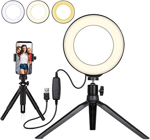 Anillo de luz LED Regulable de 6 Pulgadas con Trípode y Soporte para Teléfono Movil LED Selfie Light Ring para Maquillaje Fotografía, con 3 modos de luz y 11 Brillos para Tik Tok YouTube Video