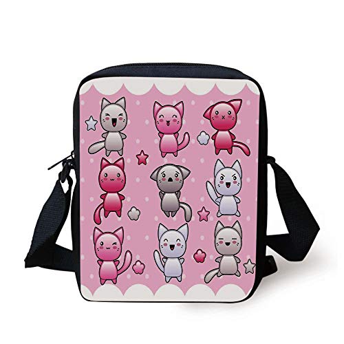Anime,For Kids Cute Kitty Doodles with Emotions Funny Animal Theme Japanese Art Print,Pink Blue Purple Print Kids Crossbody Messenger Bag Purse