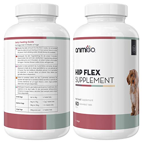 Animigo Hip Flex | Suplemento Condroprotector para Perros | Cuidado de Articulaciones, Huesos y Energia | con Ácido Hialurónico, MSM, Vitamina C, Glucosamina y Condroitina | 60 Pastillas Blandas