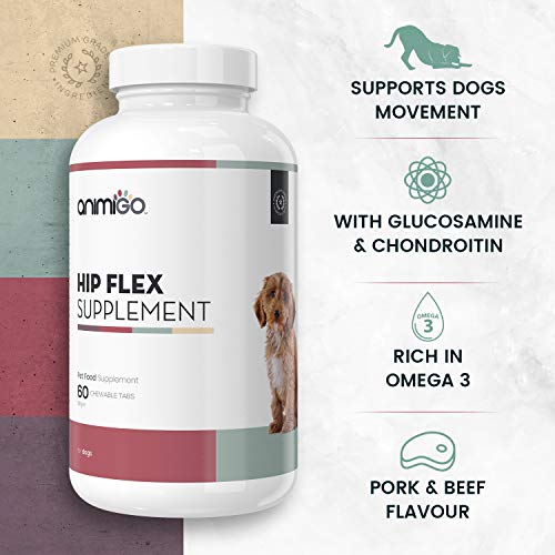 Animigo Hip Flex | Suplemento Condroprotector para Perros | Cuidado de Articulaciones, Huesos y Energia | con Ácido Hialurónico, MSM, Vitamina C, Glucosamina y Condroitina | 60 Pastillas Blandas