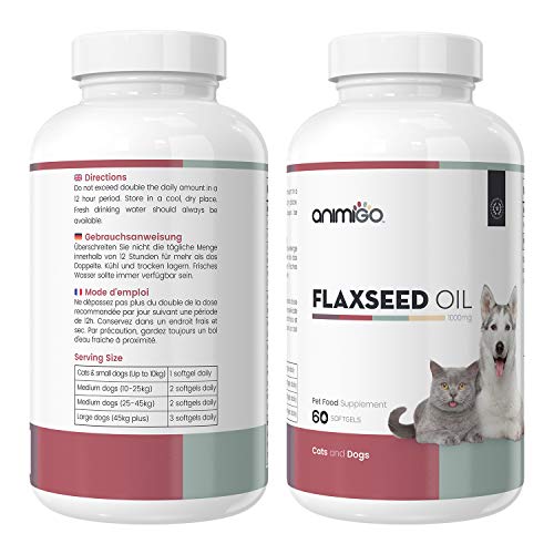 Animigo Linaza en Cápsulas Antialergico para Gatos y Perros | Suplemento Natural con Omega 3, Vitaminas, Minerales y Nutrientes para Alergia | Fortalece y Protege el Pelo y la Piel | 60 Cápsulas Gel