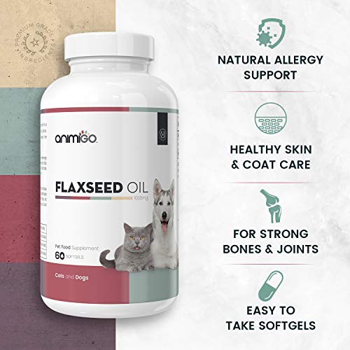 Animigo Linaza en Cápsulas Antialergico para Gatos y Perros | Suplemento Natural con Omega 3, Vitaminas, Minerales y Nutrientes para Alergia | Fortalece y Protege el Pelo y la Piel | 60 Cápsulas Gel