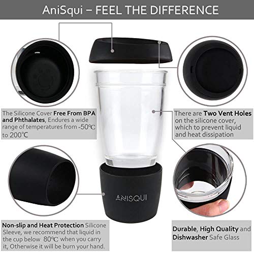 AniSqui Taza de café de Cristal Reutilizable (350ml, sin BPA, Tapa de Silicona ecológica)(Negro)