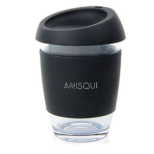 AniSqui Taza de café de Cristal Reutilizable (350ml, sin BPA, Tapa de Silicona ecológica)(Negro)